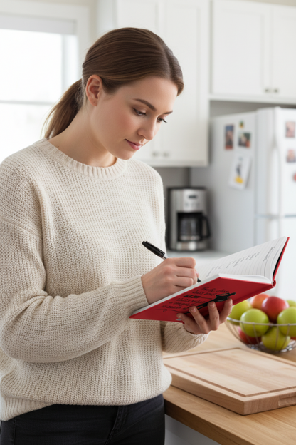 Young mom writing shopping list in cowgirl journal