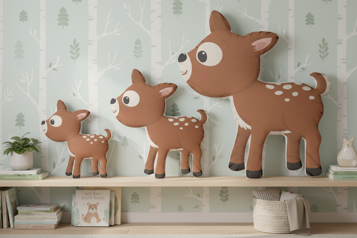 Three deer shaped pillows on shelf showing size progression