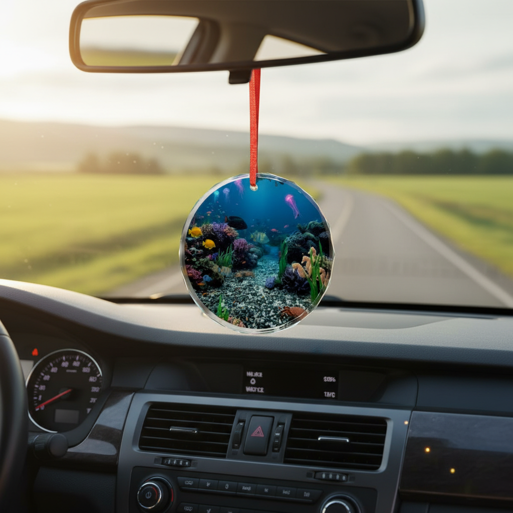 Ocean suncatcher hanging from car rear view mirror
