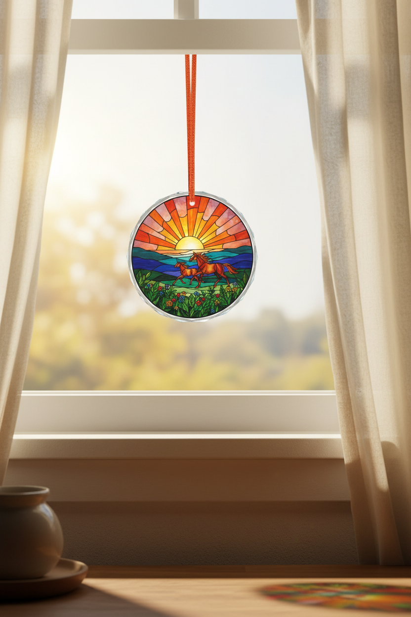 Stained glass ornament hanging in home window