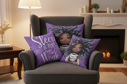 Sleep is for the Weak pillows on wingback chair showing front and back designs