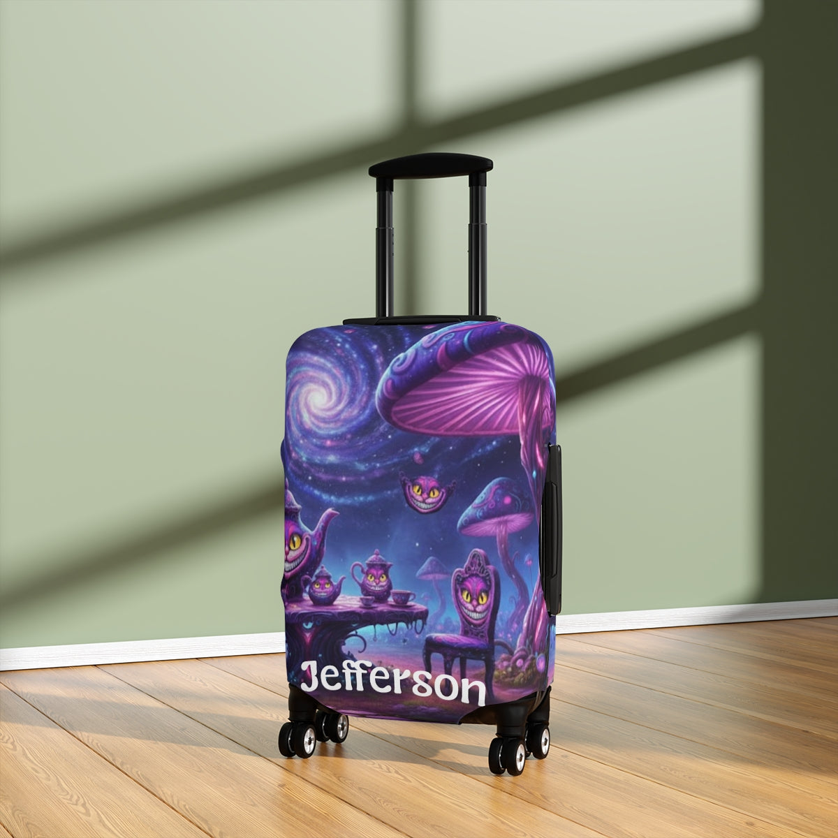 Mystical Tea Party Cheshire Cat Luggage Cover — Personalized Name Travel Case - Ramshackle Shack