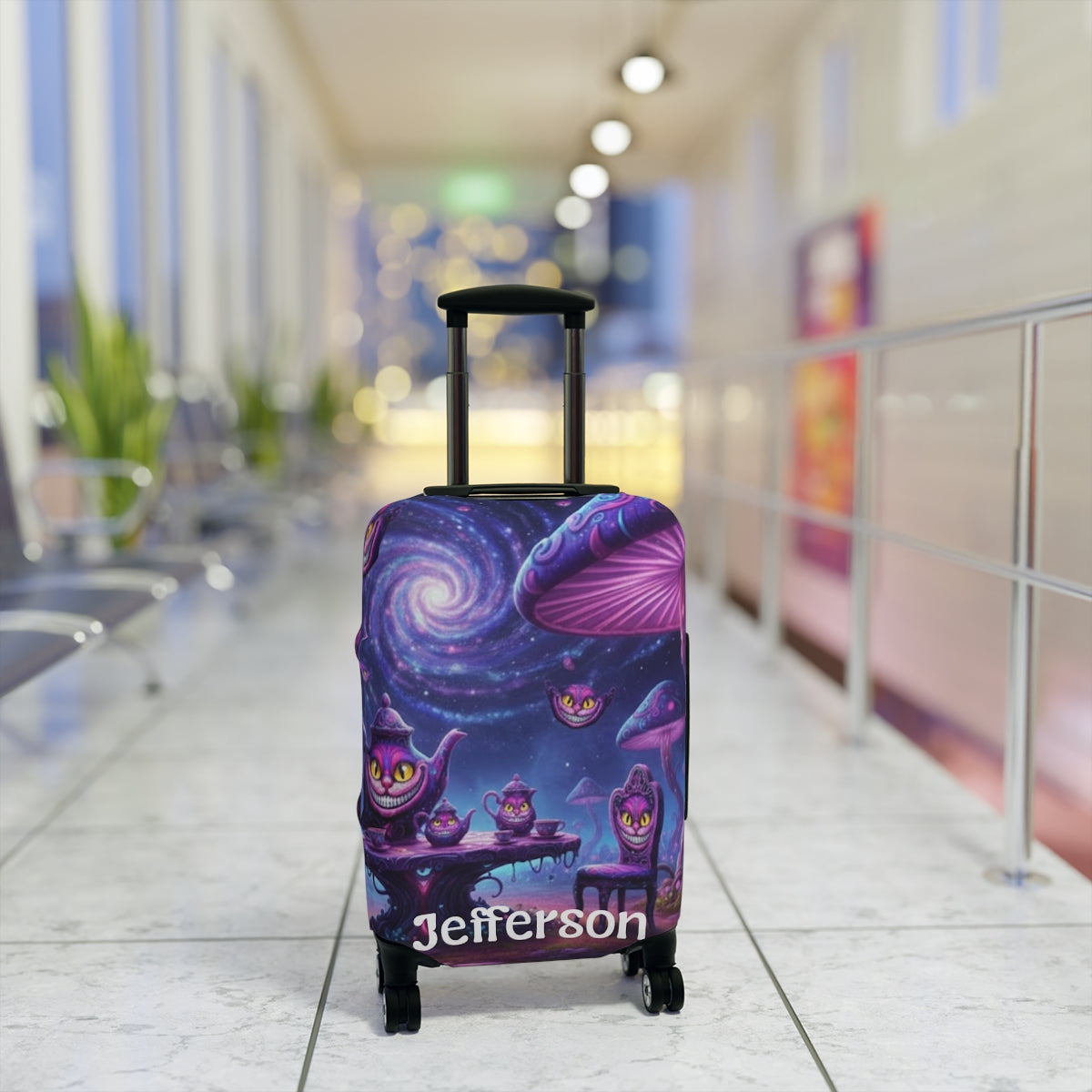 Mystical Tea Party Cheshire Cat Luggage Cover — Personalized Name Travel Case - Ramshackle Shack