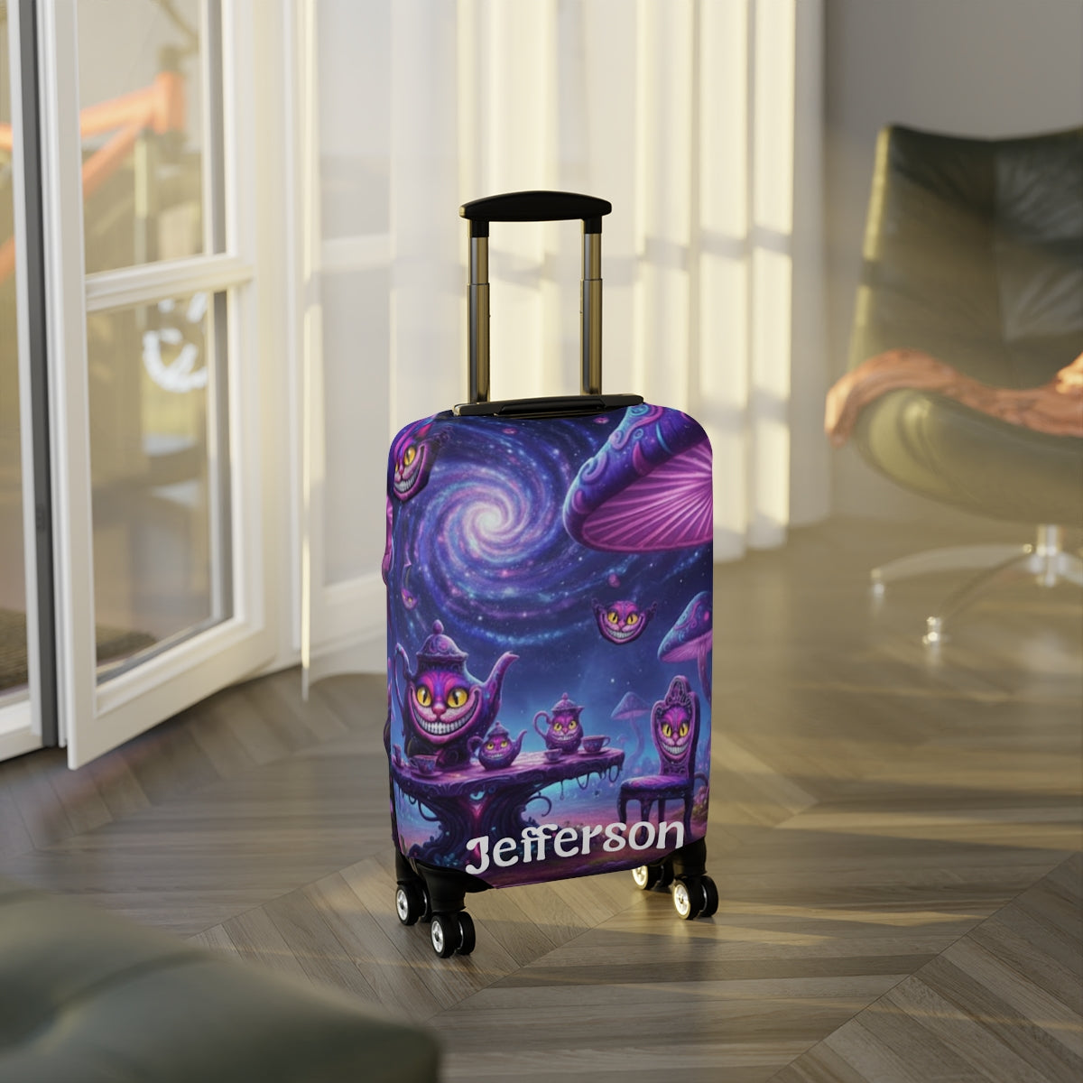 Mystical Tea Party Cheshire Cat Luggage Cover — Personalized Name Travel Case - Ramshackle Shack