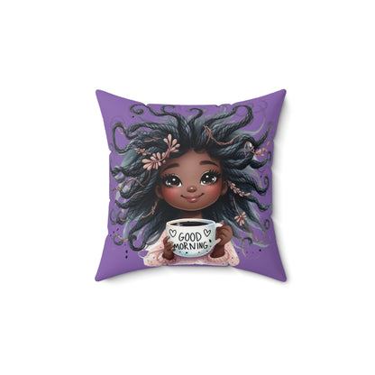 Square decorative throw pillow featuring a cute morning girl design with the phrase "Sleep Is For The Weak" for home decor.