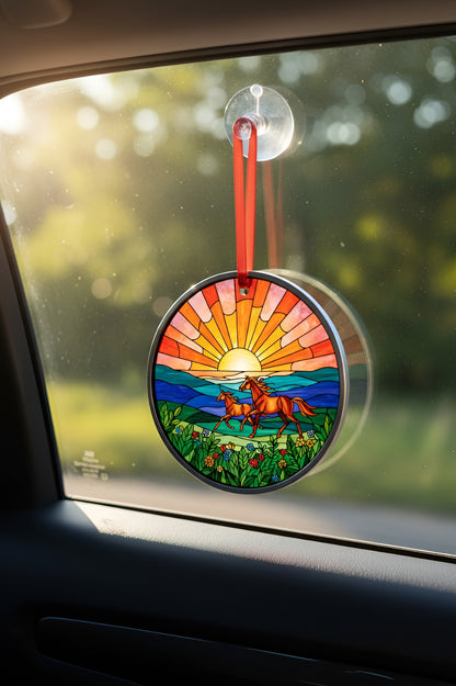Stained glass mare and foal sunset ornament with window suction cup, decorative home decor featuring colorful horse silhouettes.