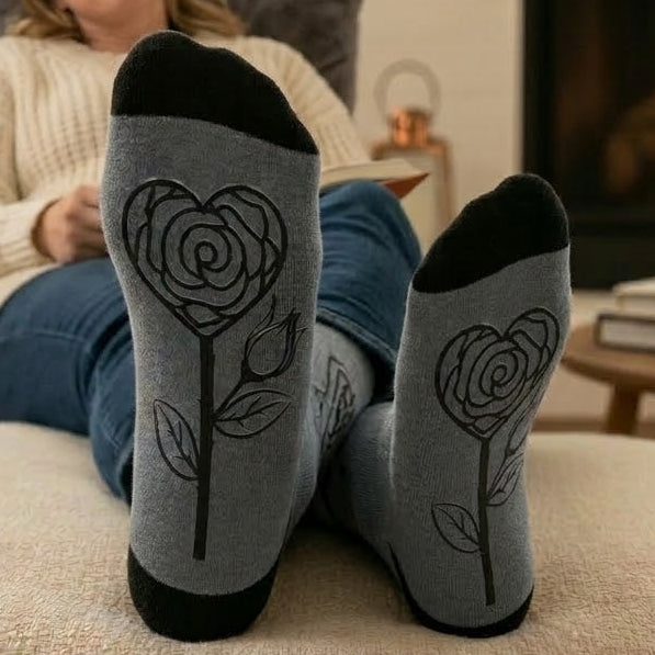 Printify XOXO Rose Crew Socks with vibrant sublimated floral graphic and all-over print design.