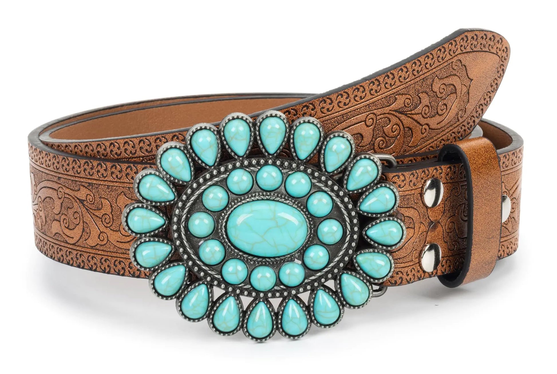 XuoAz Women Western-Leather-Belt Turquoise-Cowboy-Cowgirl-Belts Vintage Country-Belt for Jeans Pants 33"-38" - Ramshackle Shack
